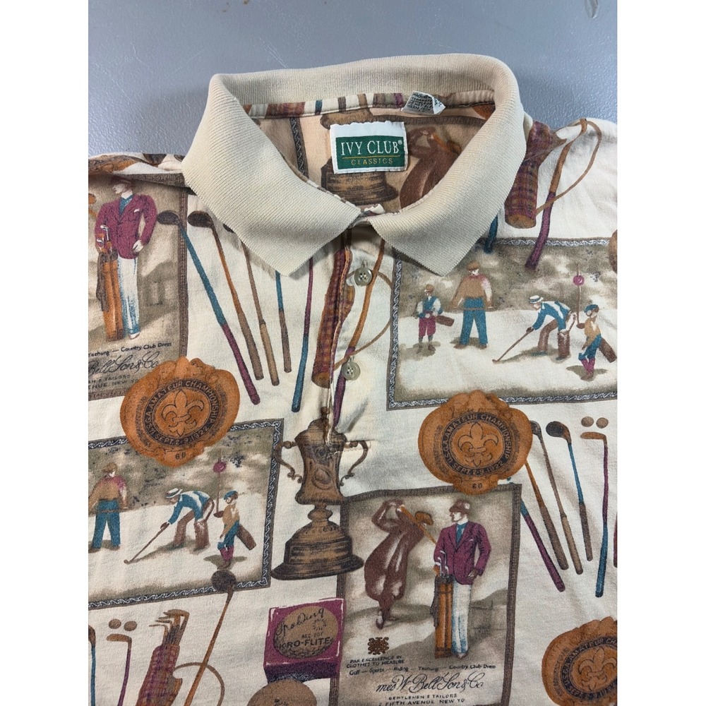 Ivy Club‎ Polo Shirt Mens Large Beige Vintage Golf Print Cotton Short Sleeve